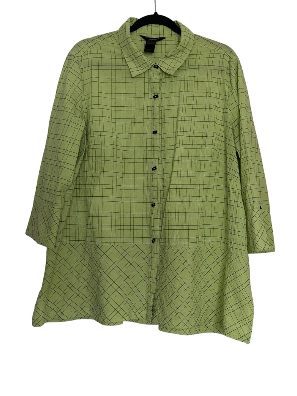 Ali Miles Tunic Womens Large Green Grid Check Gauze Peplum 3/4 Sleeves Artsy Top